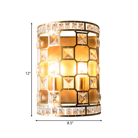 Cylindrical Crystal Wall Light Vintage 2 Heads Gold Flush Mount Wall Sconce for Bedside Clearhalo 'Wall Lamps & Sconces' 'Wall Lights' Lighting' 240018