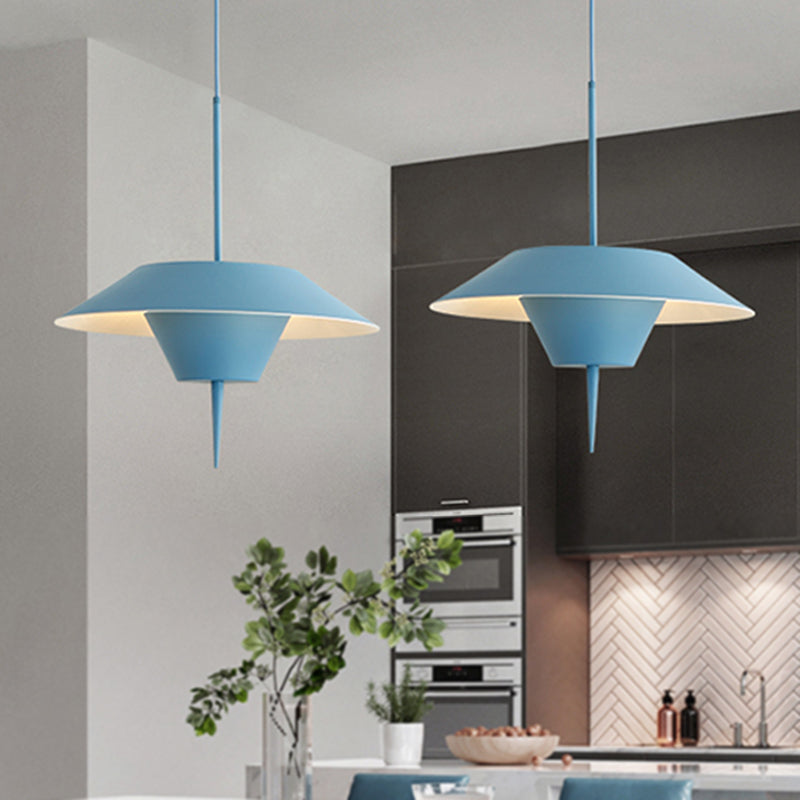 Grey/White/Pink Cone Hanging Ceiling Light Modern 1 Light Metal Drop Pendant with Inverted Conical Insert, 12"/16"W Blue Clearhalo 'Ceiling Lights' 'Modern Pendants' 'Modern' 'Pendant Lights' 'Pendants' Lighting' 240143