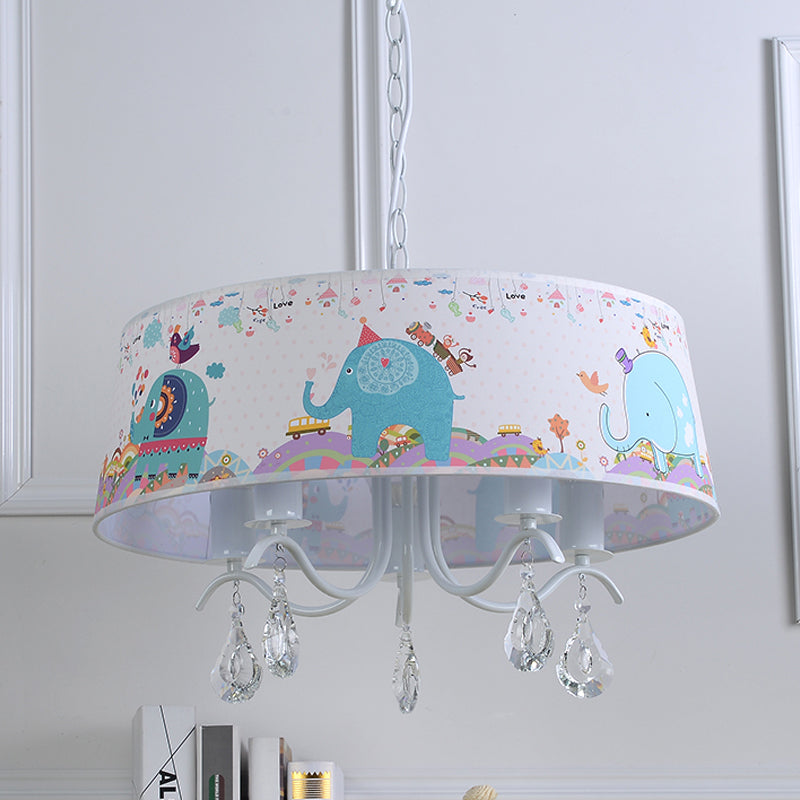 White Drum Pendant Light with Elephant Crystal 5 Lights Animal Metal Chandelier for Kids Bedroom Clearhalo 'Ceiling Lights' 'Chandeliers' Lighting' options 240146