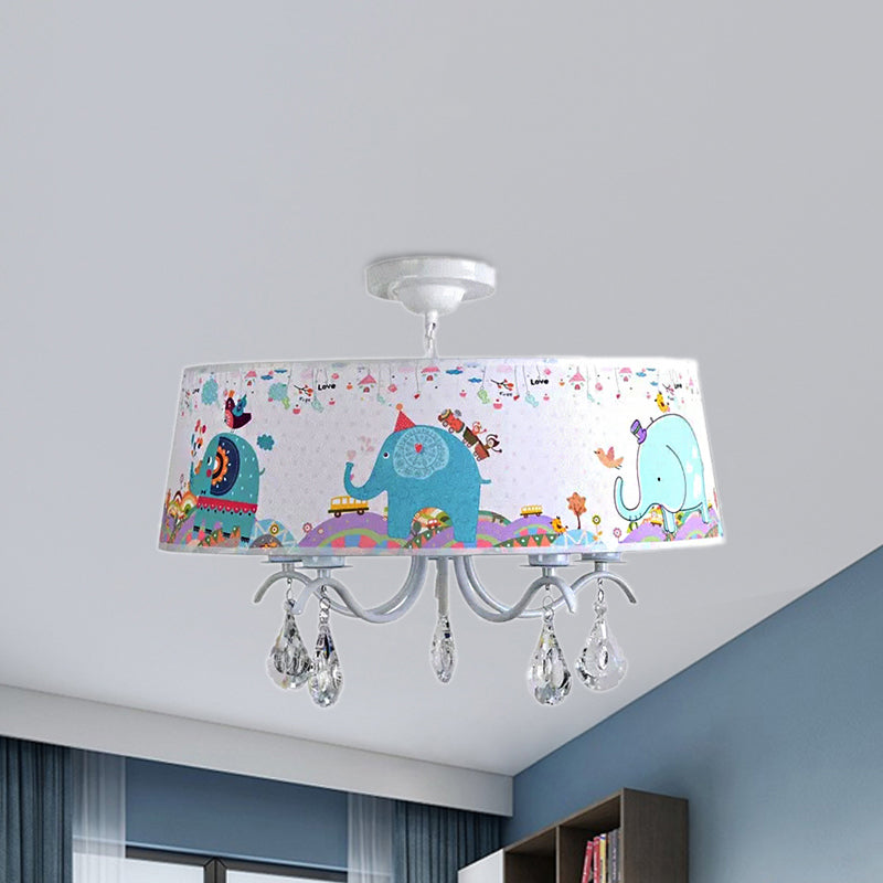 White Drum Pendant Light with Elephant Crystal 5 Lights Animal Metal Chandelier for Kids Bedroom Clearhalo 'Ceiling Lights' 'Chandeliers' Lighting' options 240147