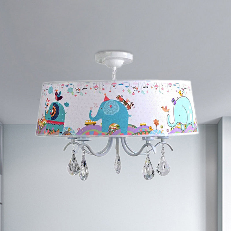 White Drum Pendant Light with Elephant Crystal 5 Lights Animal Metal Chandelier for Kids Bedroom Clearhalo 'Ceiling Lights' 'Chandeliers' Lighting' options 240148