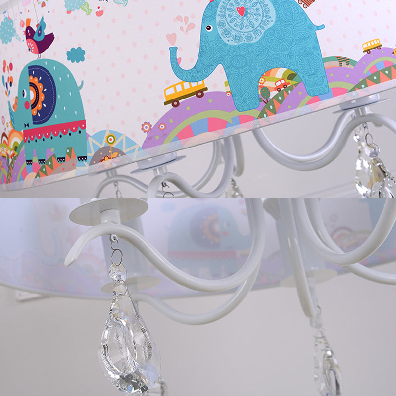 White Drum Pendant Light with Elephant Crystal 5 Lights Animal Metal Chandelier for Kids Bedroom Clearhalo 'Ceiling Lights' 'Chandeliers' Lighting' options 240150