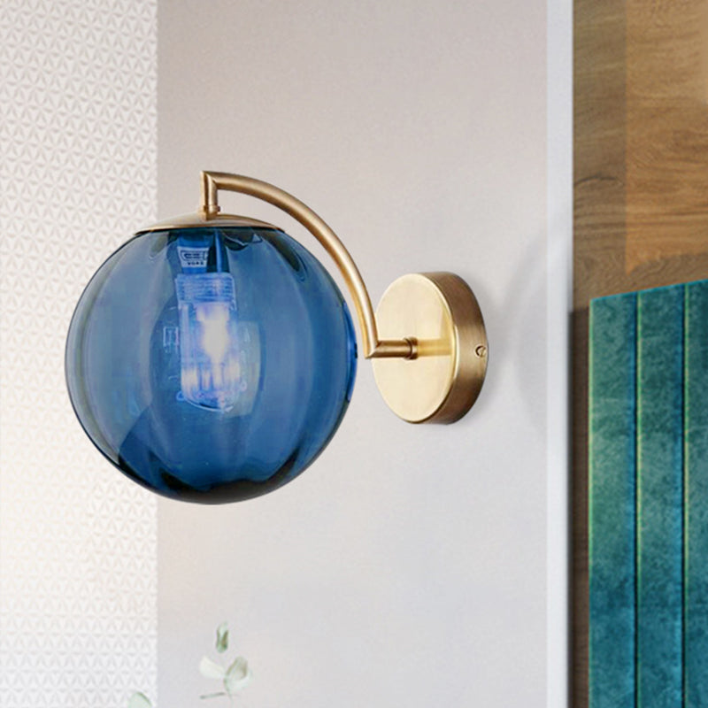 Postmodernist Brass Armed Ball Sconce Lamp Red/Blue/Amber Glass Single Light Wall Lighting Fixture Clearhalo 'Cast Iron' 'Glass' 'Industrial' 'Modern wall lights' 'Modern' 'Tiffany' 'Traditional wall lights' 'Wall Lamps & Sconces' 'Wall Lights' Lighting' 240183