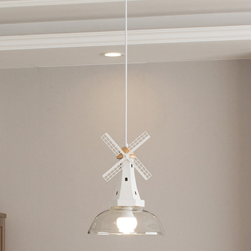 Clear Glass Barn Hanging Light 1 Bulb Modern Ceiling Pendant with Windmill in White for Restaurant Clearhalo 'Ceiling Lights' 'Pendant Lights' 'Pendants' Lighting' 240220