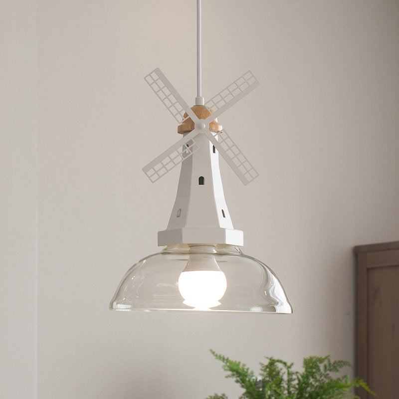 Clear Glass Barn Hanging Light 1 Bulb Modern Ceiling Pendant with Windmill in White for Restaurant White Clearhalo 'Ceiling Lights' 'Pendant Lights' 'Pendants' Lighting' 240221_f5d4bbf5-b7a9-4bd4-bf94-fd7399d74763