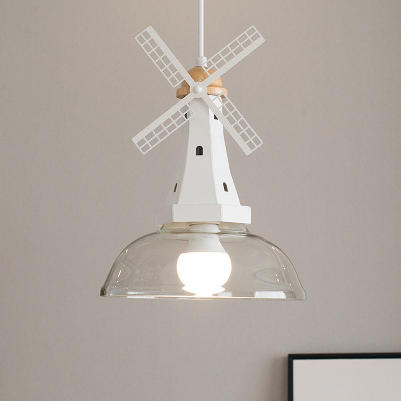 Clear Glass Barn Hanging Light 1 Bulb Modern Ceiling Pendant with Windmill in White for Restaurant Clearhalo 'Ceiling Lights' 'Pendant Lights' 'Pendants' Lighting' 240222