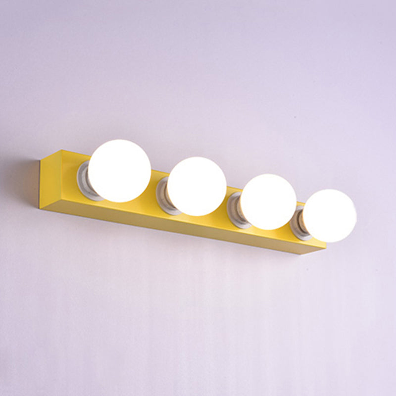 Metallic Exposed Bulb Vanity Light Fixture Macaron Style 3/4 Lights Bedroom Wall Lighting in Pink/Yellow 4.0 Yellow Clearhalo 'Cast Iron' 'Glass' 'Industrial' 'Modern wall lights' 'Modern' 'Tiffany' 'Traditional wall lights' 'Vanity Lights' 'Wall Lights' Lighting' 240230