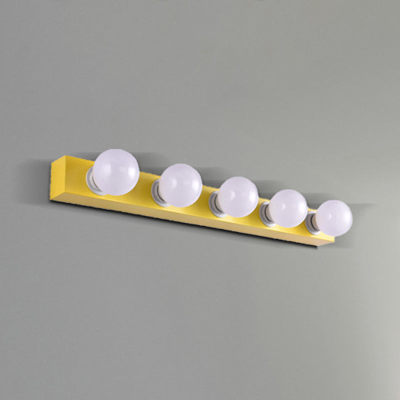 Metallic Exposed Bulb Vanity Light Fixture Macaron Style 3/4 Lights Bedroom Wall Lighting in Pink/Yellow 5.0 Yellow Clearhalo 'Cast Iron' 'Glass' 'Industrial' 'Modern wall lights' 'Modern' 'Tiffany' 'Traditional wall lights' 'Vanity Lights' 'Wall Lights' Lighting' 240233