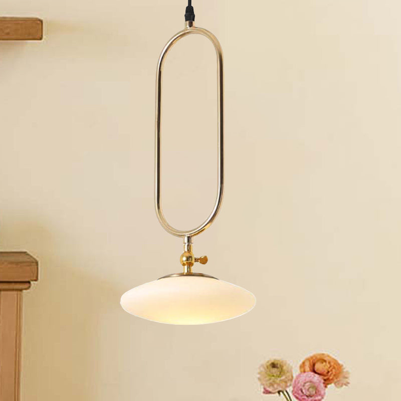 Fly Saucer Pendant Lighting Contemporary Style Milk Glass 1 Light Bedside Ceiling Pendant Lamp in Gold Finish Gold Clearhalo 'Ceiling Lights' 'Glass shade' 'Glass' 'Modern Pendants' 'Modern' 'Pendant Lights' 'Pendants' Lighting' 240404