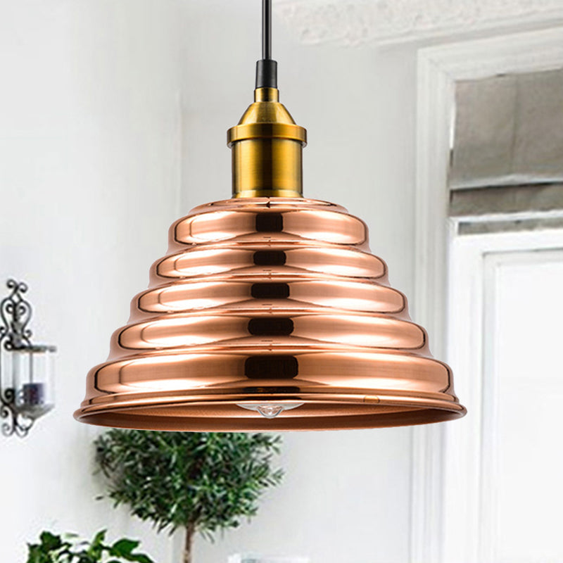 Ribbed Cone Shade Ceiling Lighting Modern Metal 1 Light Rose Gold Bedroom Hanging Pendant Light Clearhalo 'Ceiling Lights' 'Pendant Lights' 'Pendants' Lighting' 240423