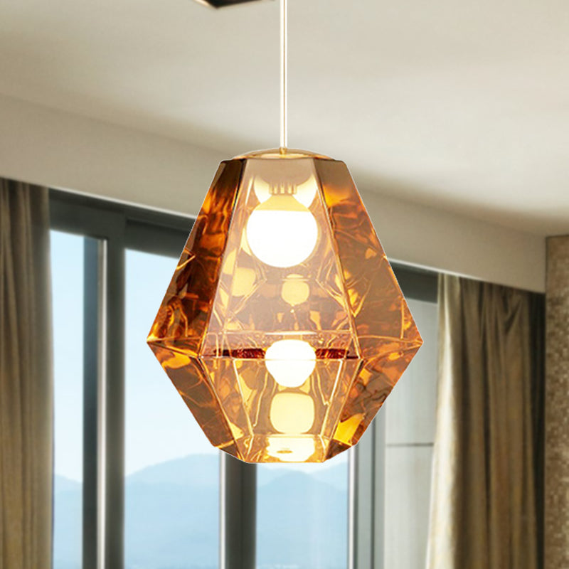 Diamond Pendant Lighting Post-Modern Glass 1 Light Clear/Amber Hanging Ceiling Light with Linear/Stout Shade Amber B Clearhalo 'Ceiling Lights' 'Glass shade' 'Glass' 'Modern Pendants' 'Modern' 'Pendant Lights' 'Pendants' Lighting' 240427