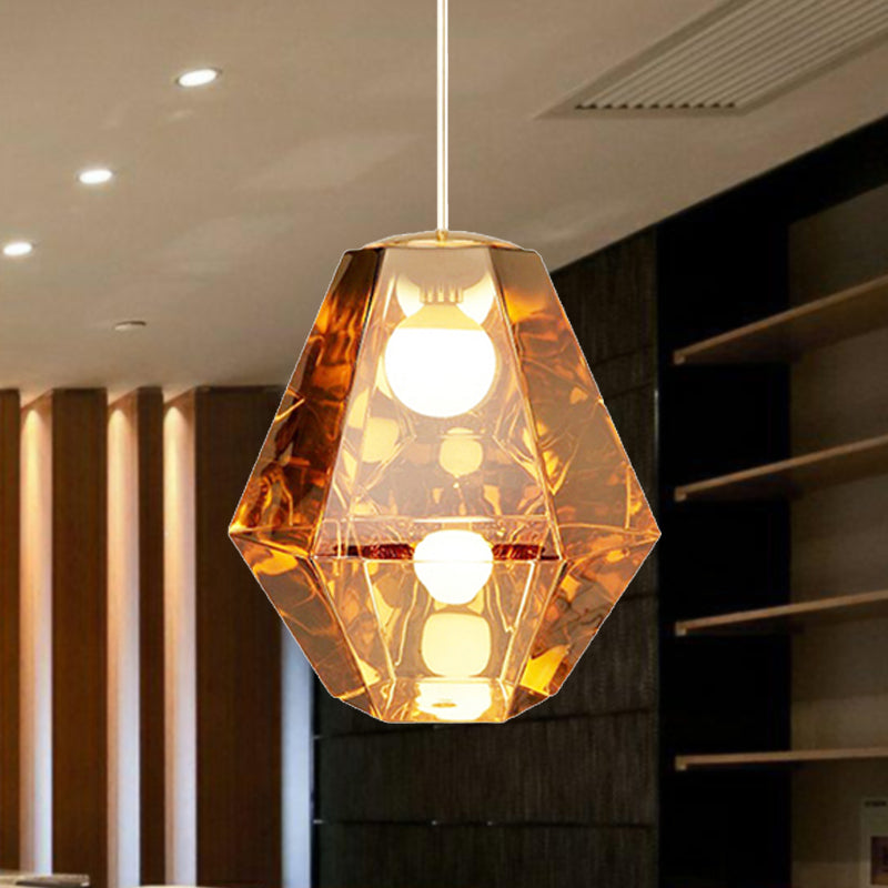 Diamond Pendant Lighting Post-Modern Glass 1 Light Clear/Amber Hanging Ceiling Light with Linear/Stout Shade Clearhalo 'Ceiling Lights' 'Glass shade' 'Glass' 'Modern Pendants' 'Modern' 'Pendant Lights' 'Pendants' Lighting' 240428