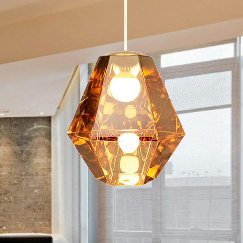 Diamond Pendant Lighting Post-Modern Glass 1 Light Clear/Amber Hanging Ceiling Light with Linear/Stout Shade Clearhalo 'Ceiling Lights' 'Glass shade' 'Glass' 'Modern Pendants' 'Modern' 'Pendant Lights' 'Pendants' Lighting' 240429