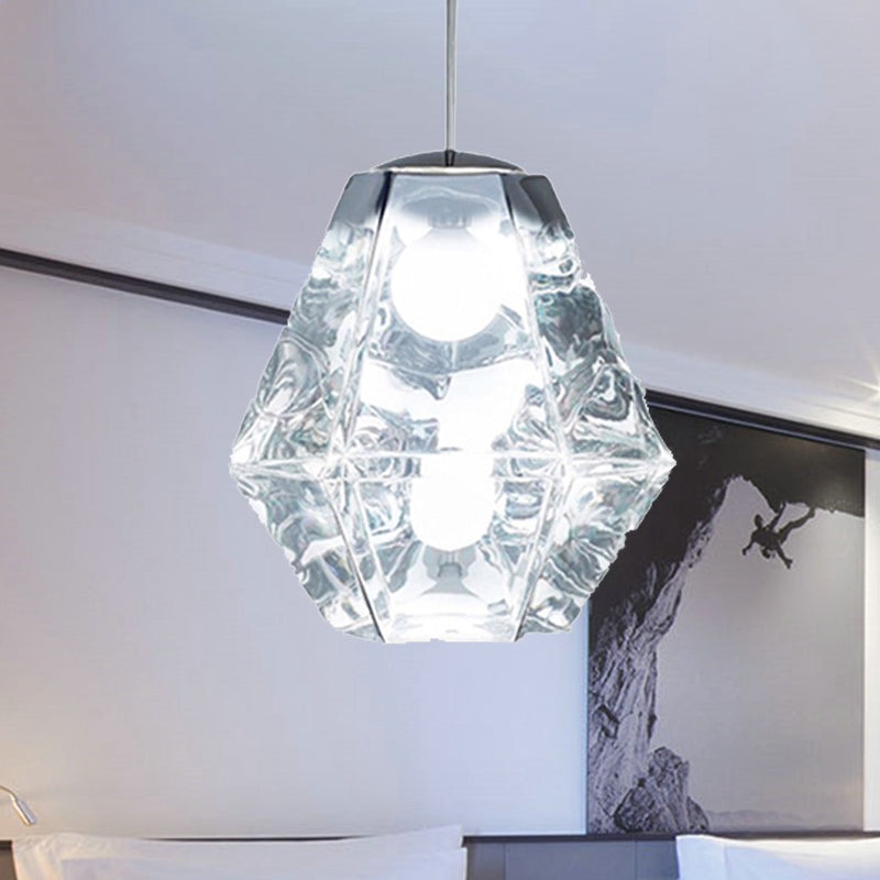 Diamond Pendant Lighting Post-Modern Glass 1 Light Clear/Amber Hanging Ceiling Light with Linear/Stout Shade Clearhalo 'Ceiling Lights' 'Glass shade' 'Glass' 'Modern Pendants' 'Modern' 'Pendant Lights' 'Pendants' Lighting' 240432