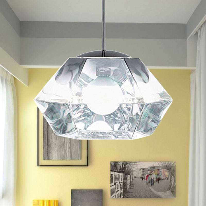 Diamond Pendant Lighting Post-Modern Glass 1 Light Clear/Amber Hanging Ceiling Light with Linear/Stout Shade Clearhalo 'Ceiling Lights' 'Glass shade' 'Glass' 'Modern Pendants' 'Modern' 'Pendant Lights' 'Pendants' Lighting' 240435