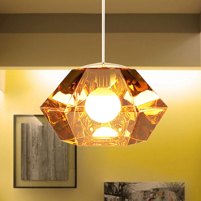 Diamond Pendant Lighting Post-Modern Glass 1 Light Clear/Amber Hanging Ceiling Light with Linear/Stout Shade Amber A Clearhalo 'Ceiling Lights' 'Glass shade' 'Glass' 'Modern Pendants' 'Modern' 'Pendant Lights' 'Pendants' Lighting' 240436