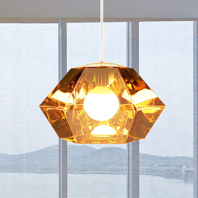 Diamond Pendant Lighting Post-Modern Glass 1 Light Clear/Amber Hanging Ceiling Light with Linear/Stout Shade Clearhalo 'Ceiling Lights' 'Glass shade' 'Glass' 'Modern Pendants' 'Modern' 'Pendant Lights' 'Pendants' Lighting' 240437