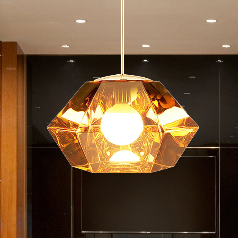 Diamond Pendant Lighting Post-Modern Glass 1 Light Clear/Amber Hanging Ceiling Light with Linear/Stout Shade Clearhalo 'Ceiling Lights' 'Glass shade' 'Glass' 'Modern Pendants' 'Modern' 'Pendant Lights' 'Pendants' Lighting' 240438