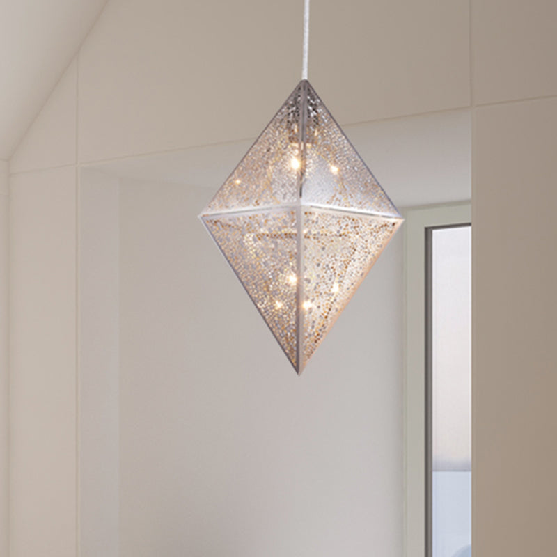 1 Bulb Pendant Lighting with Diamond Metal Shade Post-Modern Chrome Hanging Ceiling Light, 10"/14"W Clearhalo 'Ceiling Lights' 'Modern Pendants' 'Modern' 'Pendant Lights' 'Pendants' Lighting' 240456