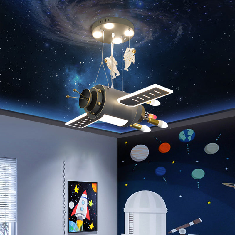 Grey Spacecraft LED Chandelier Cartoon Metal Hanging Pendant Light for Kids Bedroom Clearhalo 'Ceiling Lights' 'Chandeliers' Lighting' 2405278