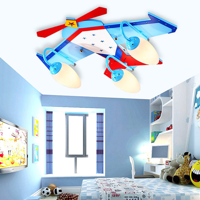 Wooden Plane Flush Ceiling Light Kids Blue Flush Mount Fixture with Oval Cream Glass Shade Blue 23.5" Clearhalo 'Ceiling Lights' 'Close To Ceiling Lights' 'Close to ceiling' 'Flush mount' Lighting' 2405287