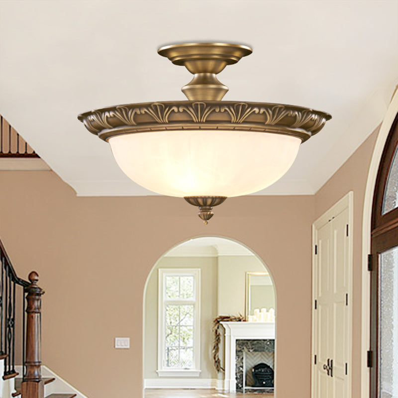 4-Light Opal Glass Ceiling Lamp Traditional Bronze Bowl Shaped Hallway Semi Mount Lighting Clearhalo 'Ceiling Lights' 'Close To Ceiling Lights' 'Close to ceiling' 'Semi-flushmount' Lighting' 2405407