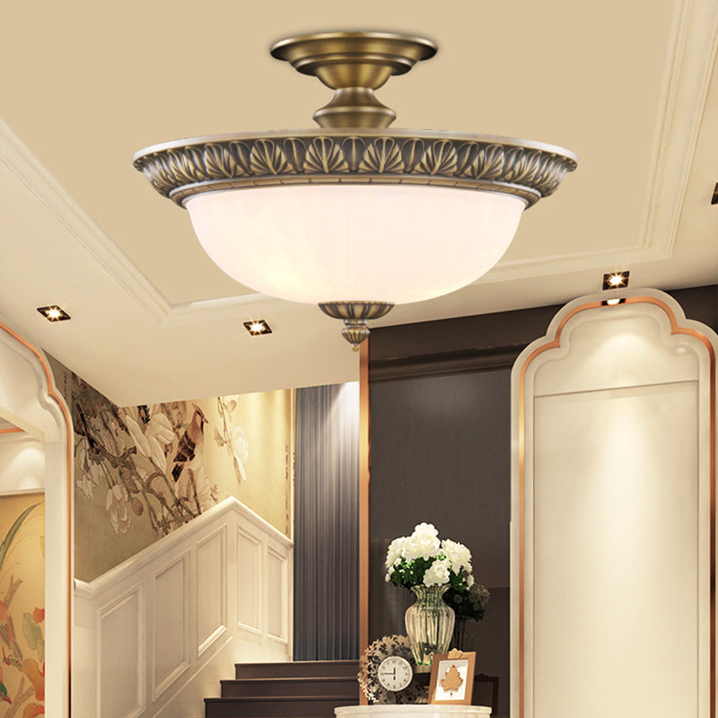 4-Light Opal Glass Ceiling Lamp Traditional Bronze Bowl Shaped Hallway Semi Mount Lighting Clearhalo 'Ceiling Lights' 'Close To Ceiling Lights' 'Close to ceiling' 'Semi-flushmount' Lighting' 2405409