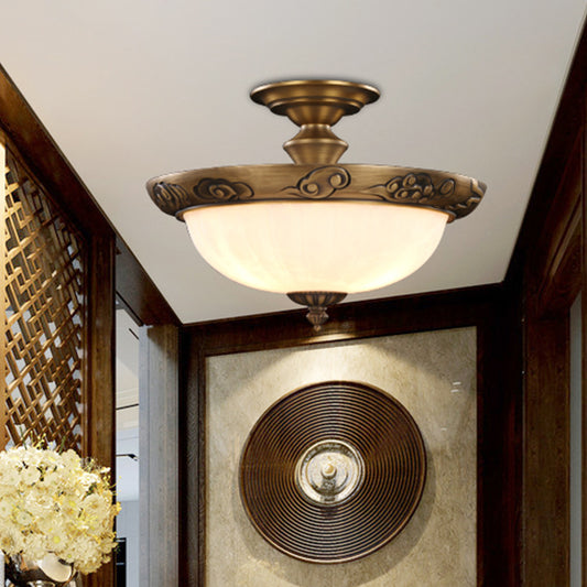 4-Light Opal Glass Ceiling Lamp Traditional Bronze Bowl Shaped Hallway Semi Mount Lighting Clearhalo 'Ceiling Lights' 'Close To Ceiling Lights' 'Close to ceiling' 'Semi-flushmount' Lighting' 2405411