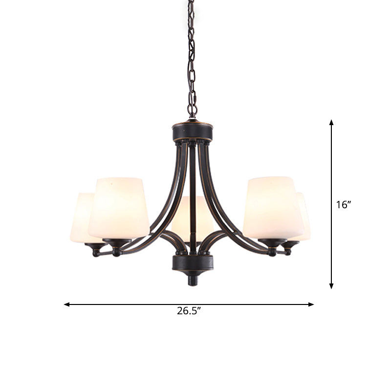 Conical Up Chandelier Rustic Gold-Black Ivory Glass Hanging Light for Living Room 5 Gold-Black Clearhalo 'Ceiling Lights' 'Chandeliers' Lighting' 2405444