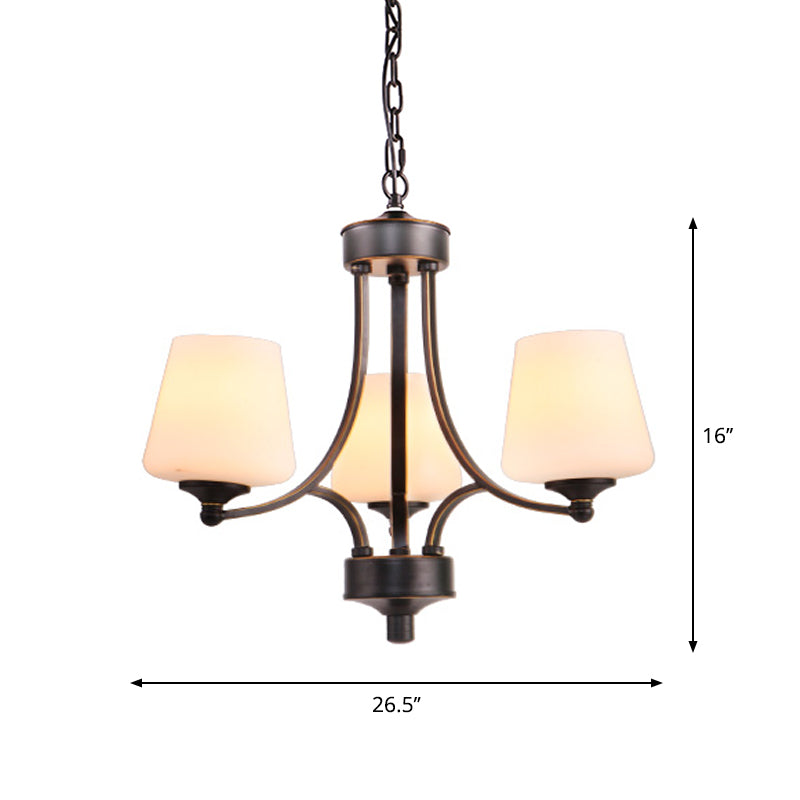 Conical Up Chandelier Rustic Gold-Black Ivory Glass Hanging Light for Living Room 3 Gold-Black Clearhalo 'Ceiling Lights' 'Chandeliers' Lighting' 2405446