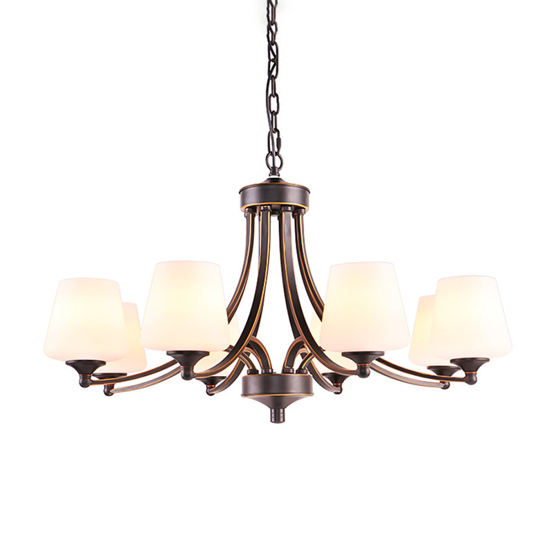 Conical Up Chandelier Rustic Gold-Black Ivory Glass Hanging Light for Living Room 8 Gold-Black Clearhalo 'Ceiling Lights' 'Chandeliers' Lighting' 2405450