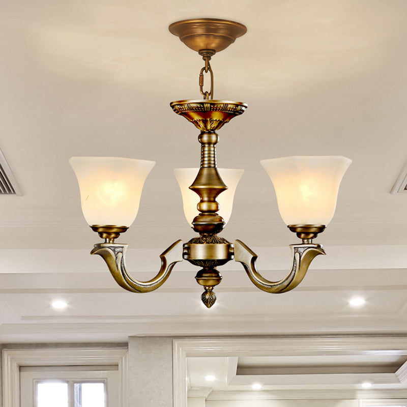 Paneled Bell Frosted Glass Chandelier Traditional Dining Room Pendant Light Fixture in Gold 3 Gold Clearhalo 'Ceiling Lights' 'Chandeliers' Lighting' 2405452