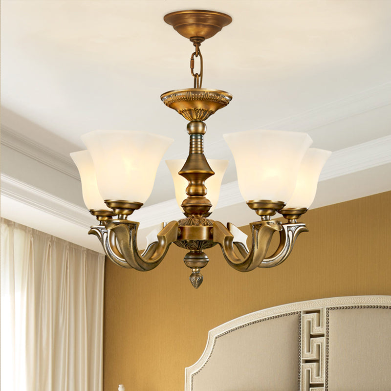 Paneled Bell Frosted Glass Chandelier Traditional Dining Room Pendant Light Fixture in Gold 5 Gold Clearhalo 'Ceiling Lights' 'Chandeliers' Lighting' 2405453