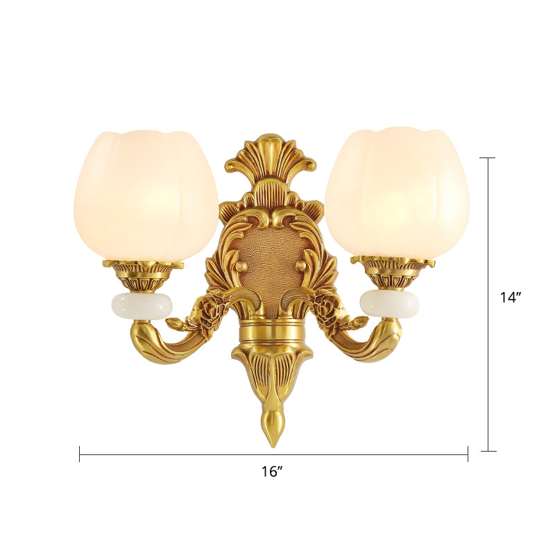 Flower Shaped Foyer Wall Lamp Traditional Opal Glass Bronze Finish Wall Mounted Light 2.0 Bronze Lotus Clearhalo 'Wall Lamps & Sconces' 'Wall Lights' Lighting' 2405458