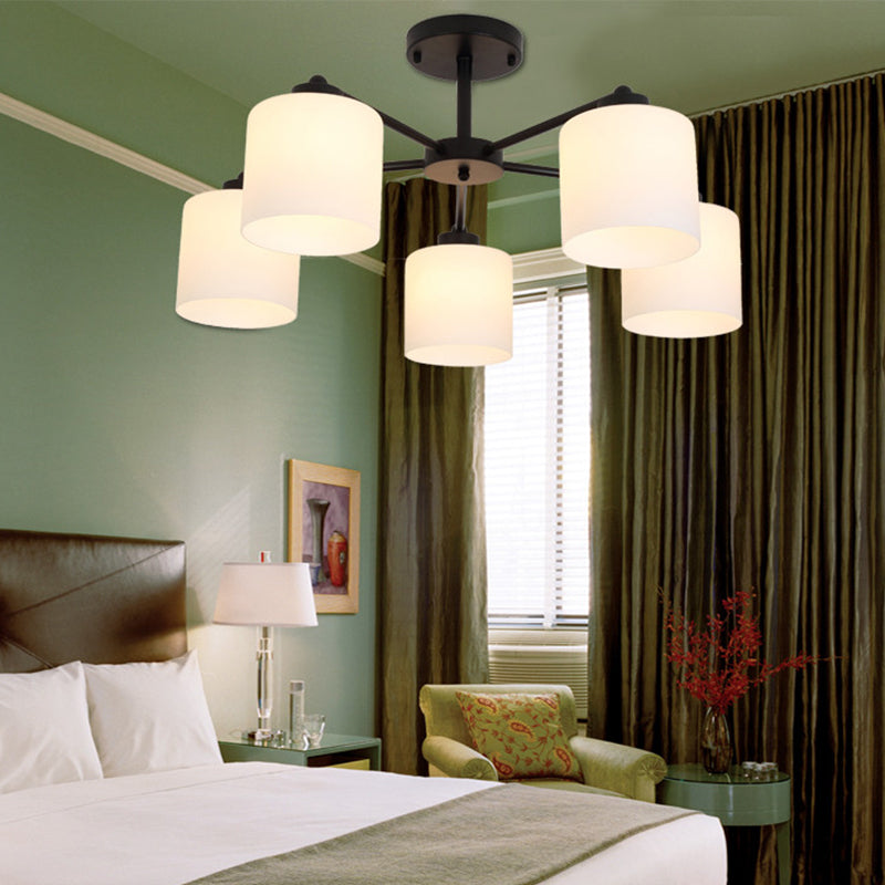 Cylinder Shaped Bedroom Ceiling Lighting Rustic Opal Glass Black Finish Chandelier Light Clearhalo 'Ceiling Lights' 'Chandeliers' Lighting' 2405570