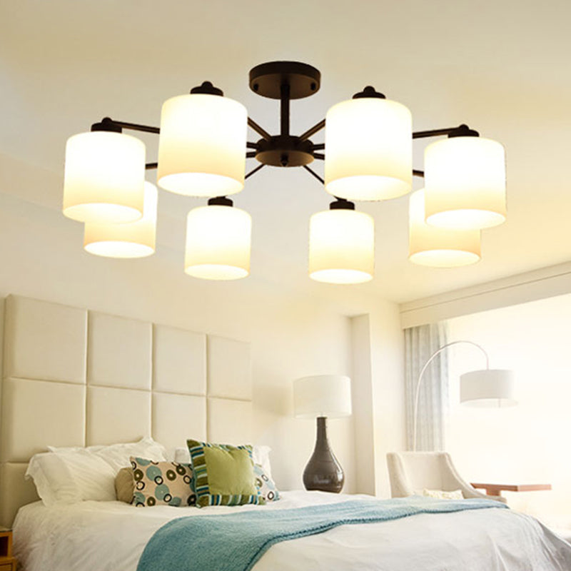 Cylinder Shaped Bedroom Ceiling Lighting Rustic Opal Glass Black Finish Chandelier Light 8 Black Clearhalo 'Ceiling Lights' 'Chandeliers' Lighting' 2405574