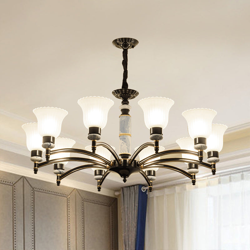 Ribbed Frosted Glass Flared Chandelier Vintage Bedroom Pendant Light with Scalloped Edge in Black Clearhalo 'Ceiling Lights' 'Chandeliers' Lighting' 2405579