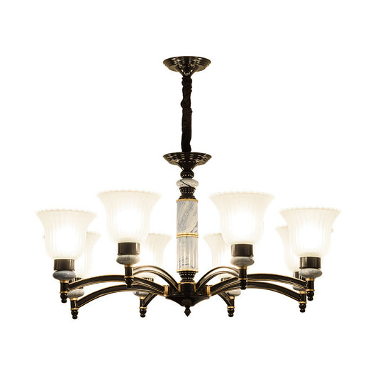 Ribbed Frosted Glass Flared Chandelier Vintage Bedroom Pendant Light with Scalloped Edge in Black Clearhalo 'Ceiling Lights' 'Chandeliers' Lighting' 2405580