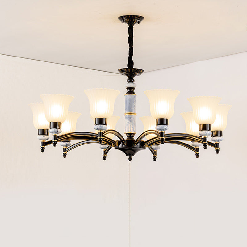 Ribbed Frosted Glass Flared Chandelier Vintage Bedroom Pendant Light with Scalloped Edge in Black 10 Black Clearhalo 'Ceiling Lights' 'Chandeliers' Lighting' 2405581