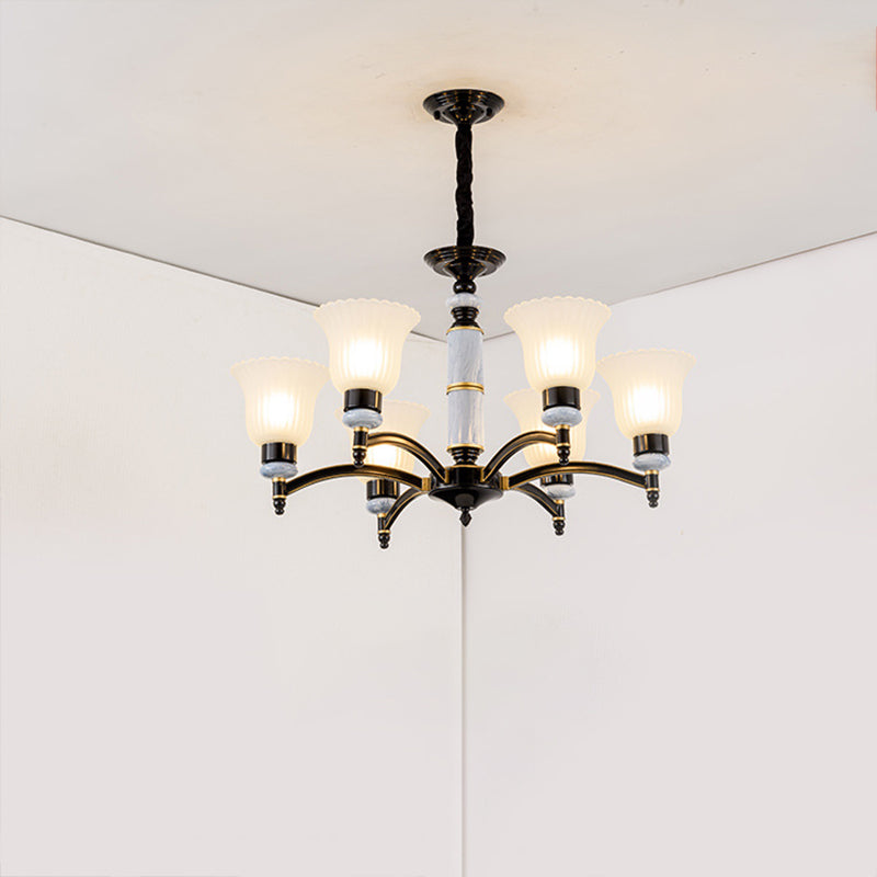 Ribbed Frosted Glass Flared Chandelier Vintage Bedroom Pendant Light with Scalloped Edge in Black 6 Black Clearhalo 'Ceiling Lights' 'Chandeliers' Lighting' 2405582