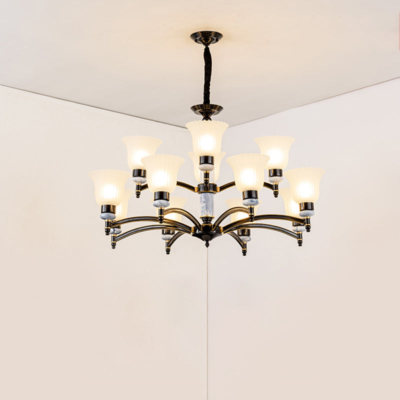 Ribbed Frosted Glass Flared Chandelier Vintage Bedroom Pendant Light with Scalloped Edge in Black 12 Black Clearhalo 'Ceiling Lights' 'Chandeliers' Lighting' 2405587