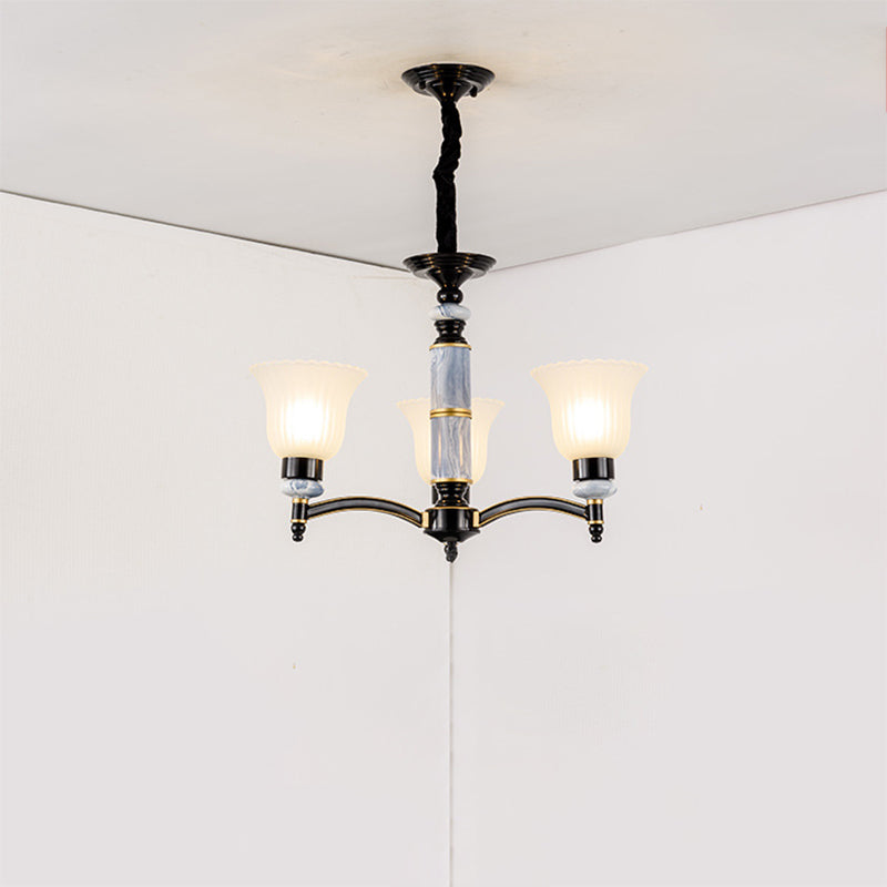 Ribbed Frosted Glass Flared Chandelier Vintage Bedroom Pendant Light with Scalloped Edge in Black 3 Black Clearhalo 'Ceiling Lights' 'Chandeliers' Lighting' 2405588