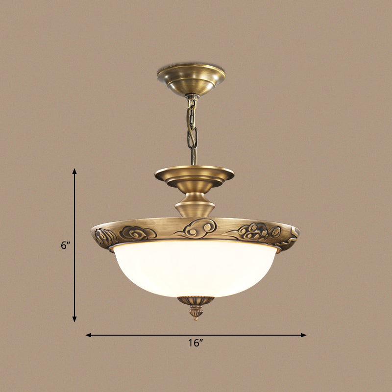 Bronze Bowl Suspension Light Antique Style White Glass Corridor Chandelier Pendant 3 Bronze Cloud Clearhalo 'Ceiling Lights' 'Chandeliers' Lighting' 2405602