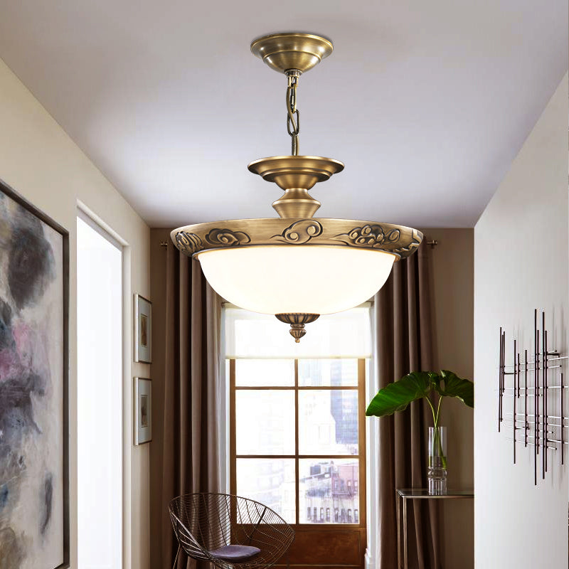 Bronze Bowl Suspension Light Antique Style White Glass Corridor Chandelier Pendant Clearhalo 'Ceiling Lights' 'Chandeliers' Lighting' 2405603