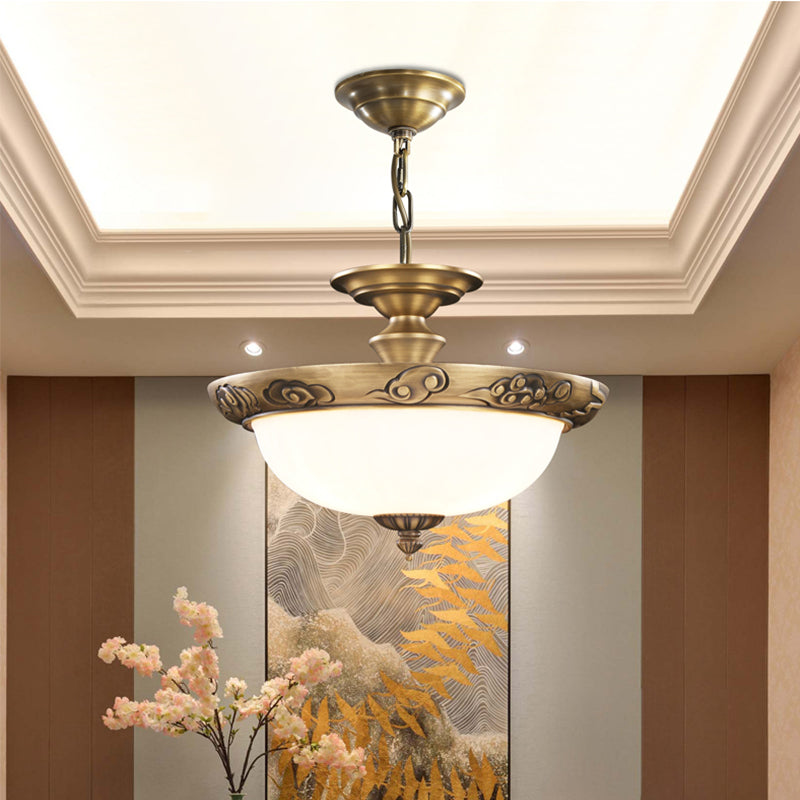 Bronze Bowl Suspension Light Antique Style White Glass Corridor Chandelier Pendant Clearhalo 'Ceiling Lights' 'Chandeliers' Lighting' 2405605