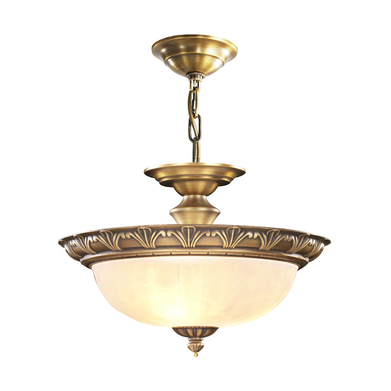 Bronze Bowl Suspension Light Antique Style White Glass Corridor Chandelier Pendant Clearhalo 'Ceiling Lights' 'Chandeliers' Lighting' 2405606