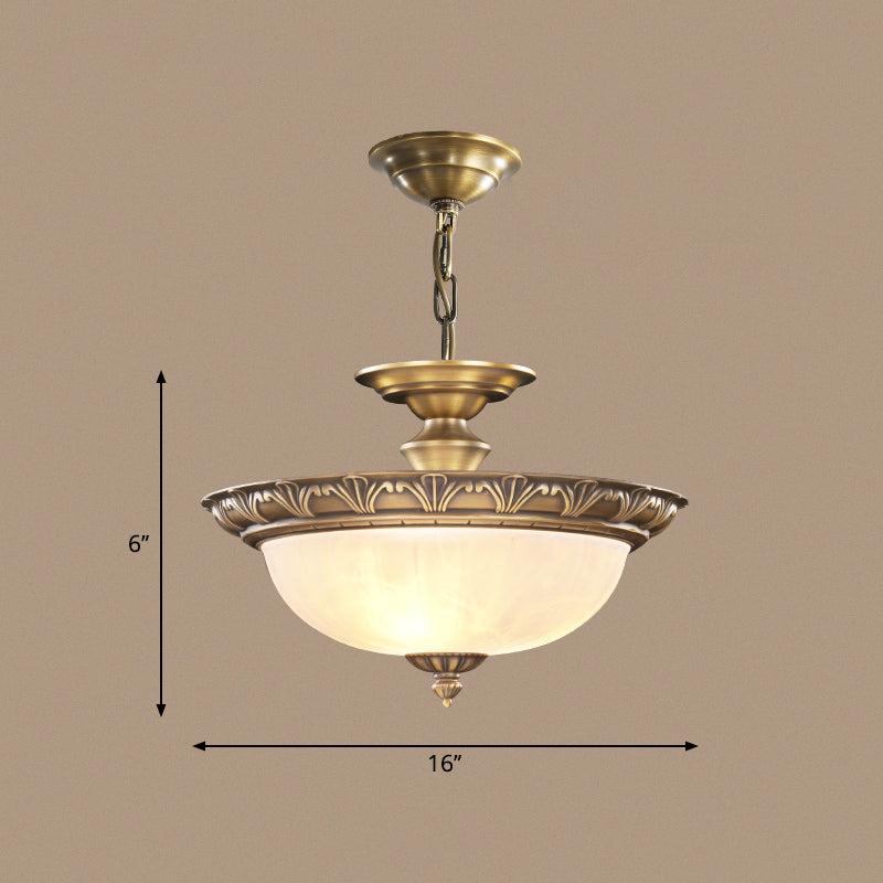 Bronze Bowl Suspension Light Antique Style White Glass Corridor Chandelier Pendant 3 Bronze Flower Clearhalo 'Ceiling Lights' 'Chandeliers' Lighting' 2405607