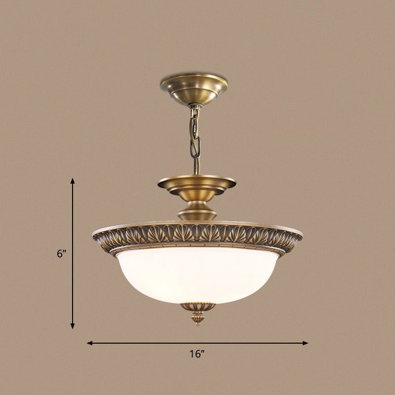 Bronze Bowl Suspension Light Antique Style White Glass Corridor Chandelier Pendant 3 Bronze Leaf Clearhalo 'Ceiling Lights' 'Chandeliers' Lighting' 2405609