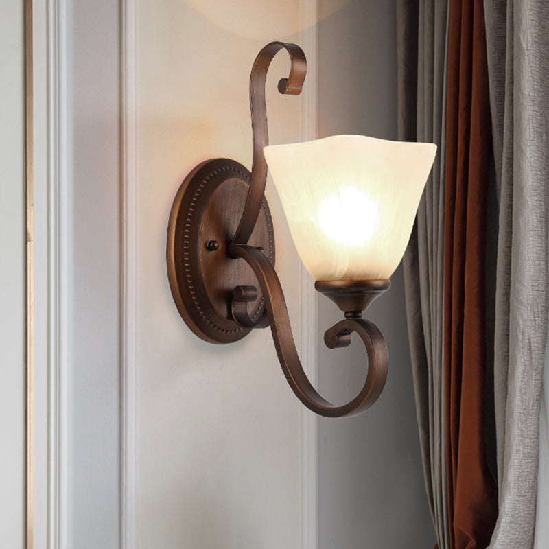 Beige Glass Shade Wall Lamp Country Dining Room Wall Sconce with Scroll Arm in Coffee Clearhalo 'Wall Lamps & Sconces' 'Wall Lights' Lighting' 2405611