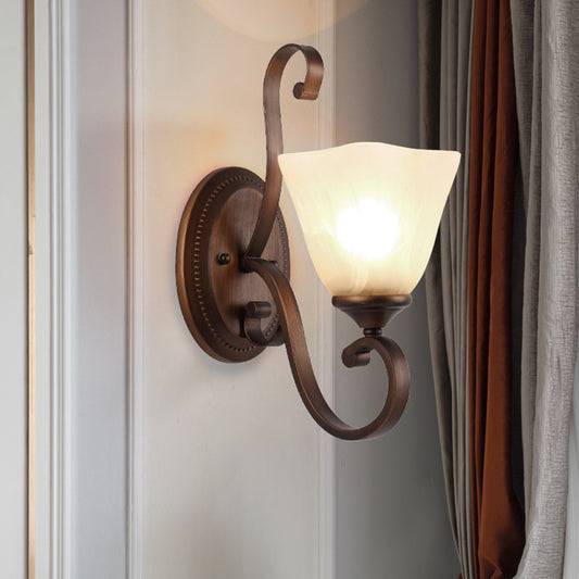Beige Glass Shade Wall Lamp Country Dining Room Wall Sconce with Scroll Arm in Coffee Clearhalo 'Wall Lamps & Sconces' 'Wall Lights' Lighting' 2405611